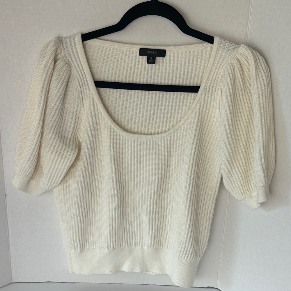 J. Crew Ivory Puff Sleeve Ribbed Top